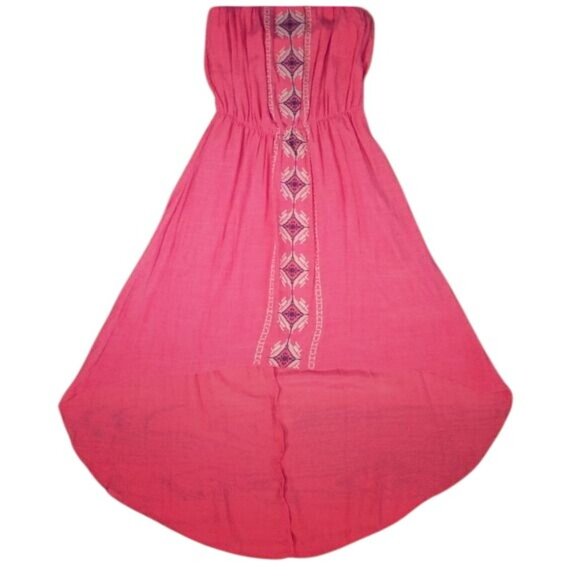 NWT Coral Embroidered Print High-Low Hem Cinched Waist Strapless Boho Midi Dress - Picture 2 of 10